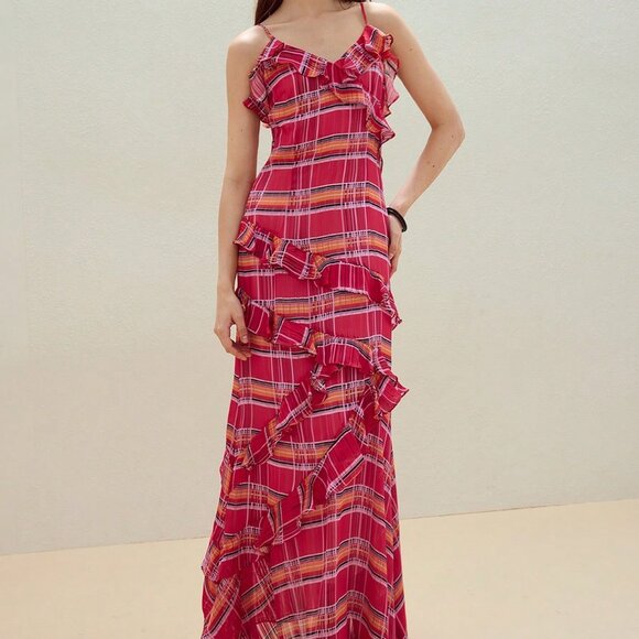 Red Boho Women's Plaid Ruffle Trim Cami Dress - Picture 6 of 7